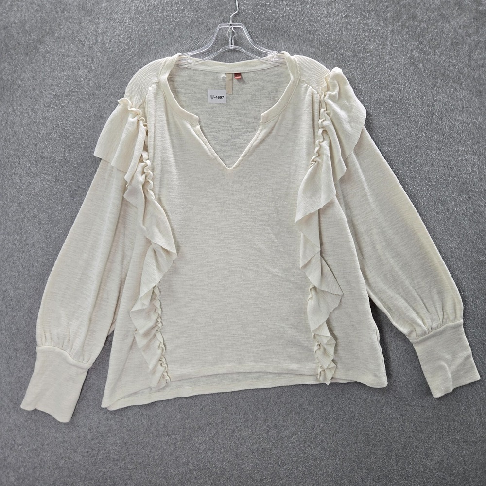 Anthropologie Pilcro Cream Ruffle-Trim Long Sleeve Top